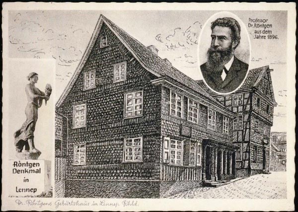 Alte Postkarte mit Röntgens Geburtshaus und dem Röntgendenkmal.