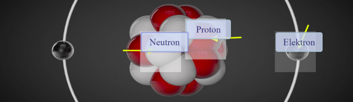 Aufbau eines Atoms mit Neutronen, Protonen und Elektronen.