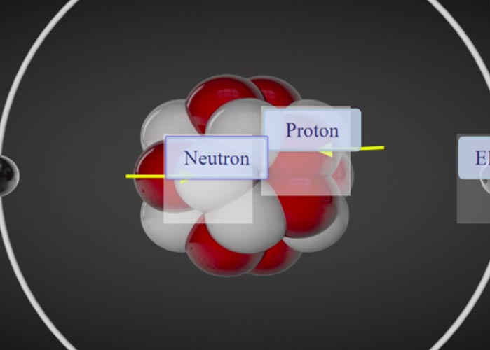 Schaubild eines Atoms mit Neutronen und Protonen.